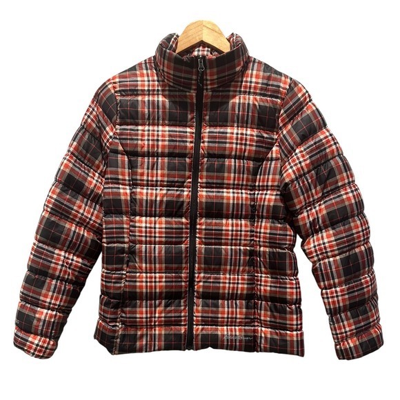 Eddie Bauer CirrusLite Down Jacket Womens Medium Red Black Plaid Puffer 650 Fill - Picture 3 of 12